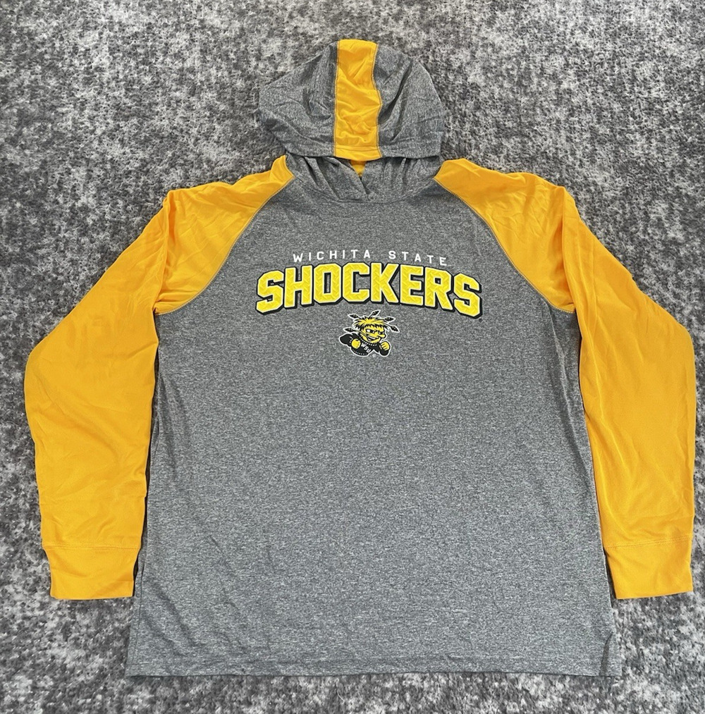 Wichita State Shockers Long Sleeve Hoodie Shirt Mens L Yellow Gray Holloway NCAA
